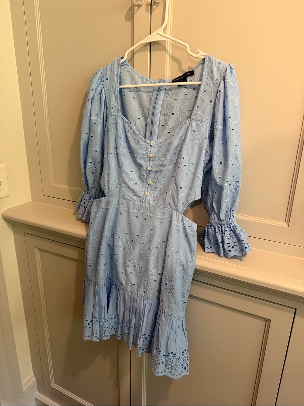 French Connection Light Blue Eyelet Midi Dress with Puff Sleeves and Cutouts